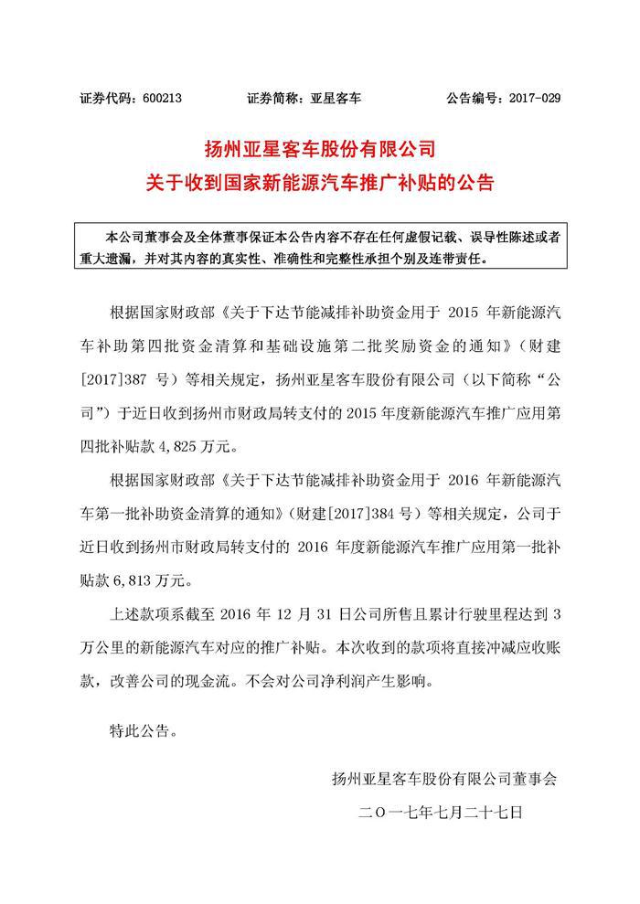 第一批新能源汽车国补增至6家  亚星客车获1.16亿元