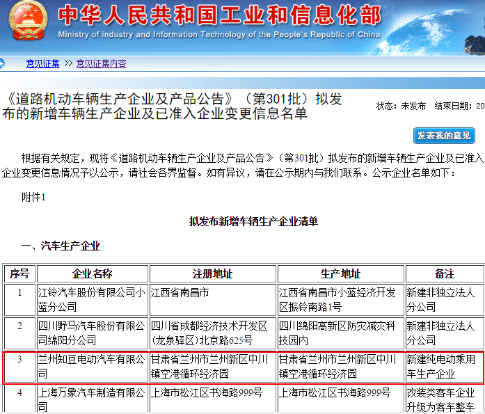 工信部第301批新车公示 兰州知豆将正式获纯电动乘用车生产资质