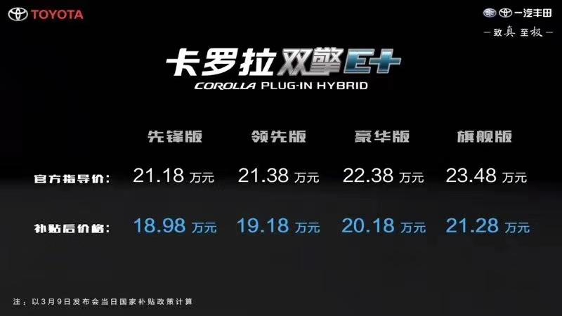 补贴后18.98起 卡罗拉双擎E+上市