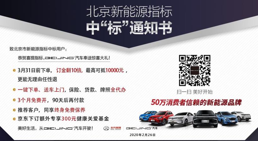北汽新能源2月销量1002辆，同比下滑65%
