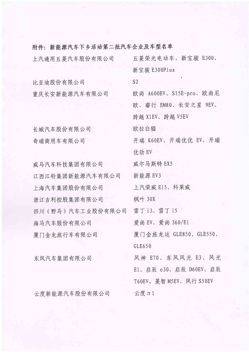 中汽协发布第二批新能源汽车下乡名单，涉及36款车型