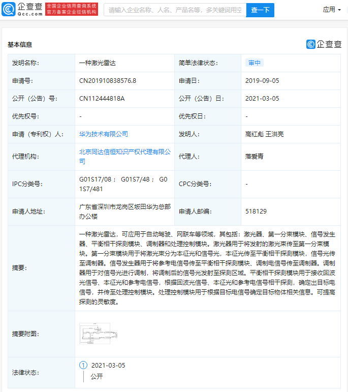 华为再公开“激光雷达”相关专利
