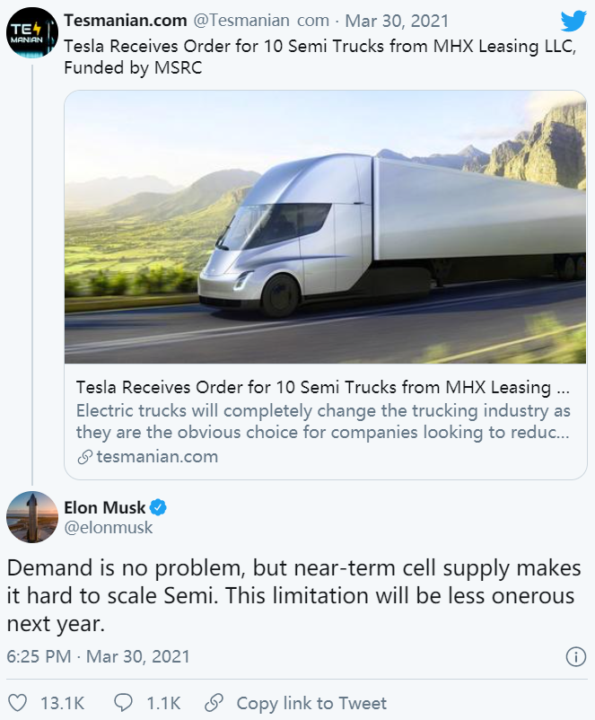 马斯克：需求不是问题，但电芯限制影响Tesla Semi生产