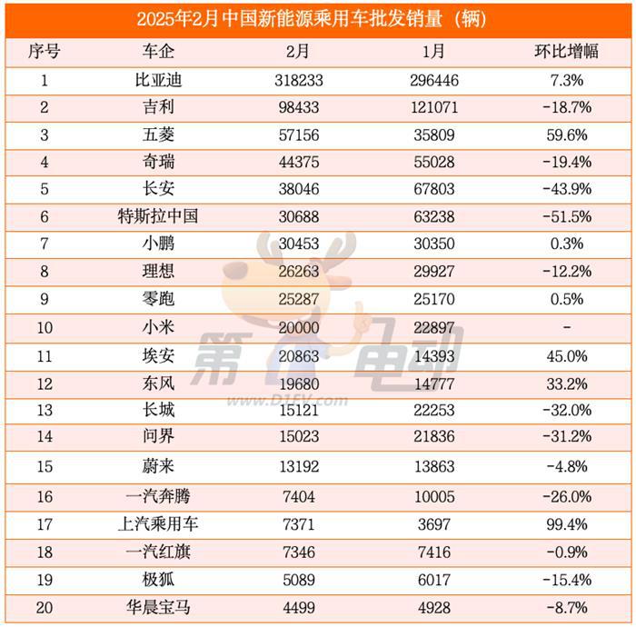 2月新能源车销量TOP20：传统自主五强霸榜前五，新势力四小龙奋起直追