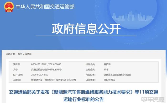 《新能源汽车售后维修服务能力技术标准》7月1日实施